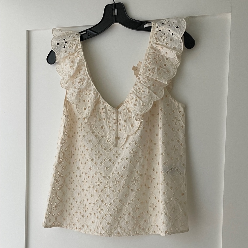 Sezane | 38 | Women's Cream Eyelet Ruffle V-Neck Top